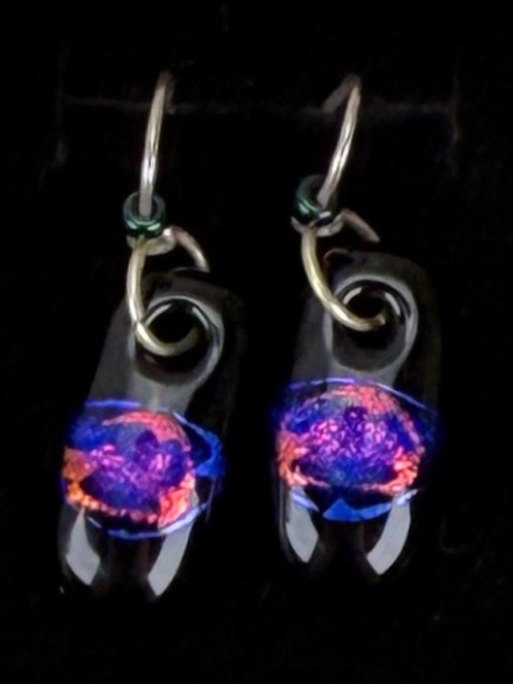 Beautiful, Glass Silvertone, black and blue pierced earrings